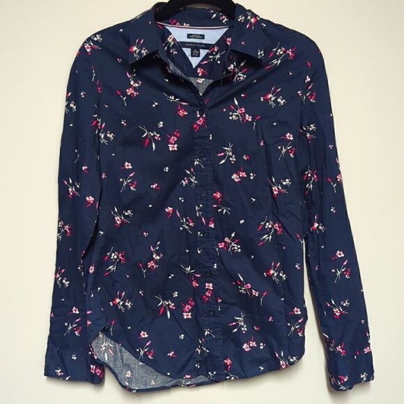 Tommy Hilfiger Navy Floral Button Down Blouse - Picture 1 of 5